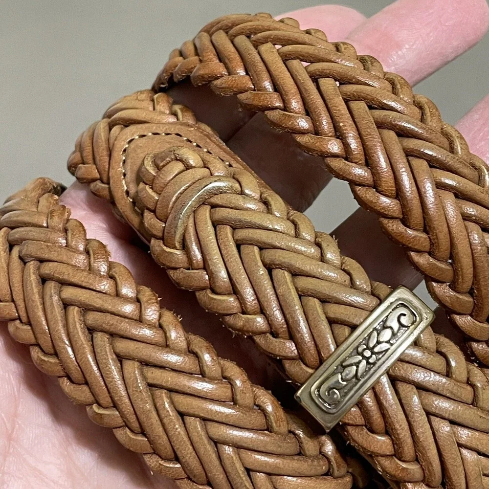 Vintage Leather Braided Belt Silver Hardware Brown Women's‎ Adjustable 90s Woven